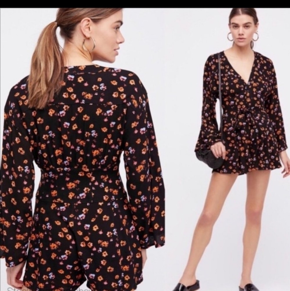 Free People L'Amour Long wide Sleeve Drop V Neck Floral Romper